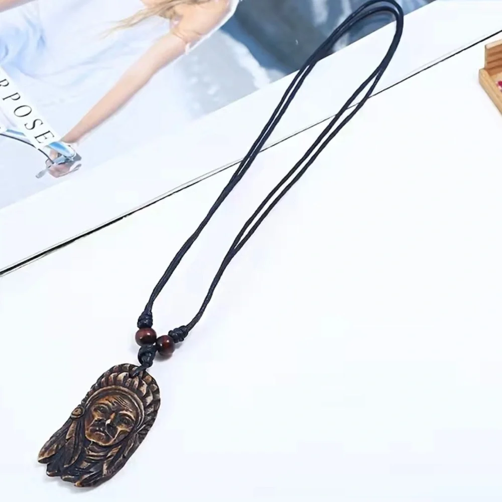 Retro Style Native American Head Portrait Men's Necklace‎ Faux Fashion Jewelry